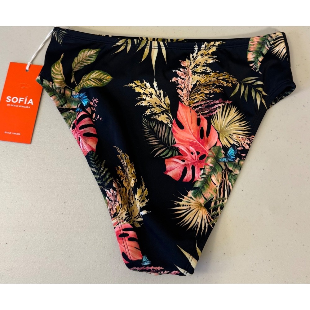 Sofia Vergara Bikini Bottoms Women S Black Tropical Cheeky High Waist NEW